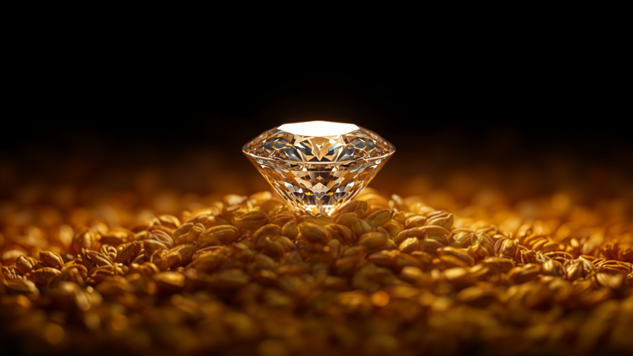 A brilliant-cut diamond resting on golden wheat grains